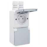 Splashproof double vertical wall socket with pin earthing, shutters and screw terminals; includes box with two inputs on the upper side, grey