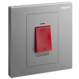 Galion - 1 gang double pole 45A switch with cooker marking, red indicator and red rocker - Dark Silver