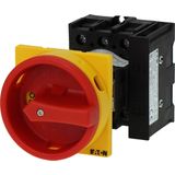 Main switch, P1, 40 A, rear mounting, 3 pole, 1 N/O, 1 N/C, Emergency switching off function, With red rotary handle and yellow locking ring, Lockable