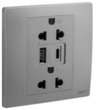 281204DS Mallia Senses 1 gang EURO/US socket outlet - 16A - 2 x 2 Poles + Earth - with 3000mA A and C types USB chargers -white