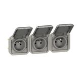 Triple pre-wired power socket 3x2P+E horizontal waterproof Plexo 16A 250V IP55 3 positions with gray bezels