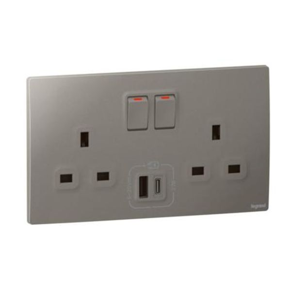 281137DS Mallia Senses 2 gang single pole switched socket outlets - with USB A+C 27W charger image 1