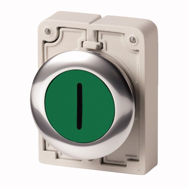 Pushbutton, RMQ-Titan, Flat, maintained, green, inscribed, Metal bezel image 1