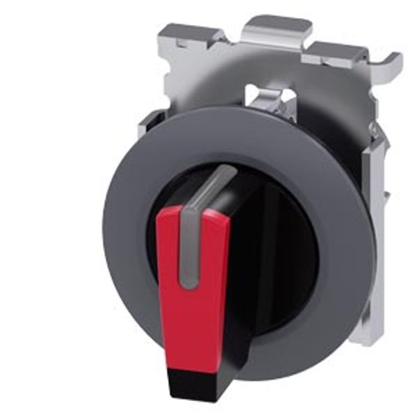 Selector switch, illuminable, 30 mm, round, Metal, matte, red, selector switch, short, front ring for flush installation, 3 switch positions I>O image 1