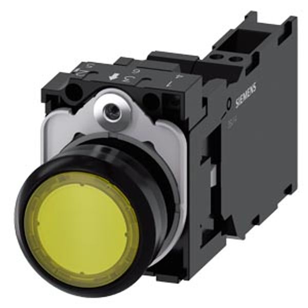 Illuminated pushbutton, 22 mm, round, plastic, yellow, pushbutton, flat, momentary contact type, with holder, 1 NO+1 NC, LED module with  3SU1102-0AB30-3FA0-Z Y10 image 2