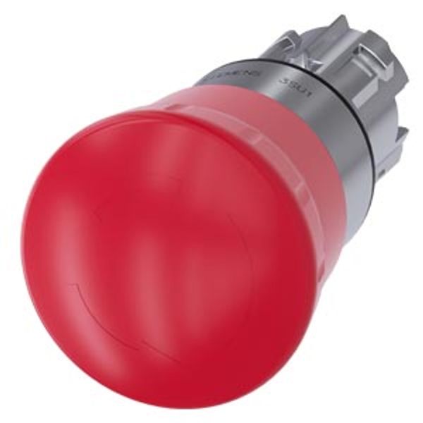 3SU1050-1HB20-0AA0-Z Y15 EMERGENCY STOP mushroom pushbutton, 22 mm, round, metal, shiny, red, 40 mm, positive latching, acc. to EN ISO 13850, rotate-to-unlatch, with laser labeling, image 1