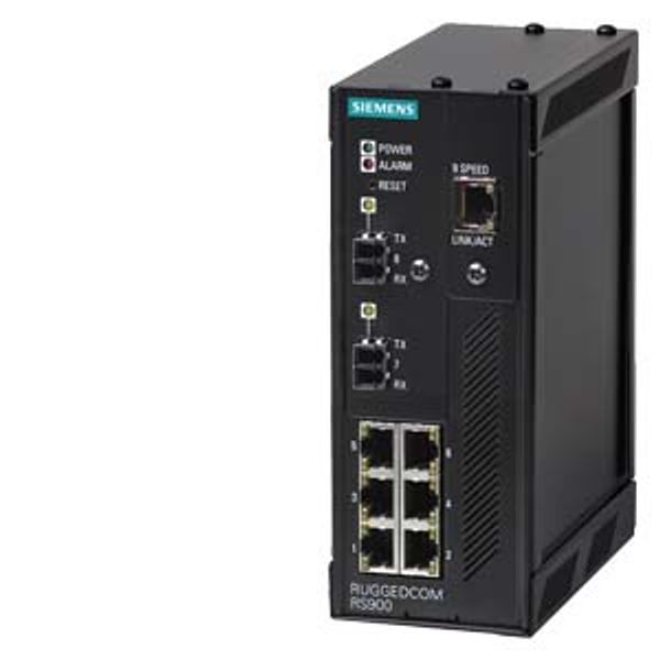 6GK6090-0AS11-0BA0-Z A01+B01 RUGGEDCOM RS900NC is a 9-port, industrially hardened, fully managed Ethernet switch with 56-bit encryption supporting 6 Fast Ethernet RJ45 ports and up to image 1