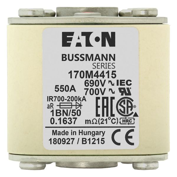 Fuse-link, high speed, 550 A, AC 690 V, size 1, 53 x 69 x 51 mm, aR, IEC, UL, single indicator, flush end, M8 image 13