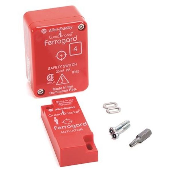 Allen-Bradley, 440N-G02093, Ferrogard FRS2, Rectangular, Molded ABS Red Plastic, Switch & Actuator 250VAC (2A max Switching Capability)1 N.C. Safety Contact  1 N.O. Aux Contact, 4-Pin Micro QD image 1