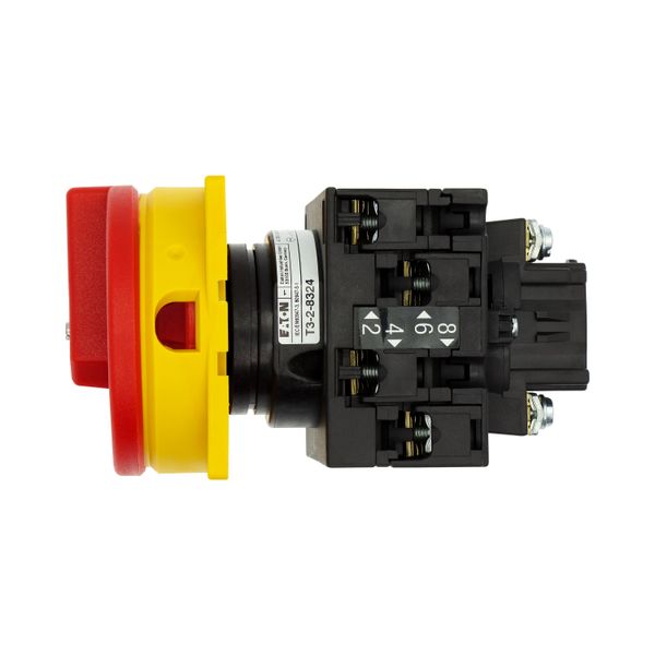 Main switch, T3, 32 A, flush mounting, 2 contact unit(s), 4 pole, Emergency switching off function, With red rotary handle and yellow locking ring image 19