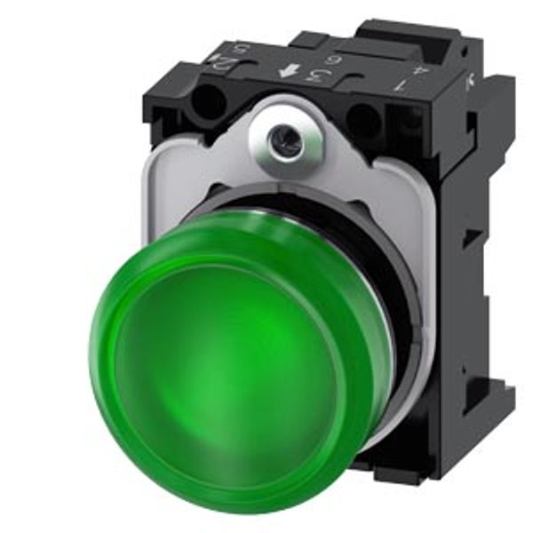 Indicator lights, 22 mm, round, Metal, shiny, green, lens, smooth, with holder, LED module .... 3SU1156-6AA40-3AA0-Z Y11 image 2