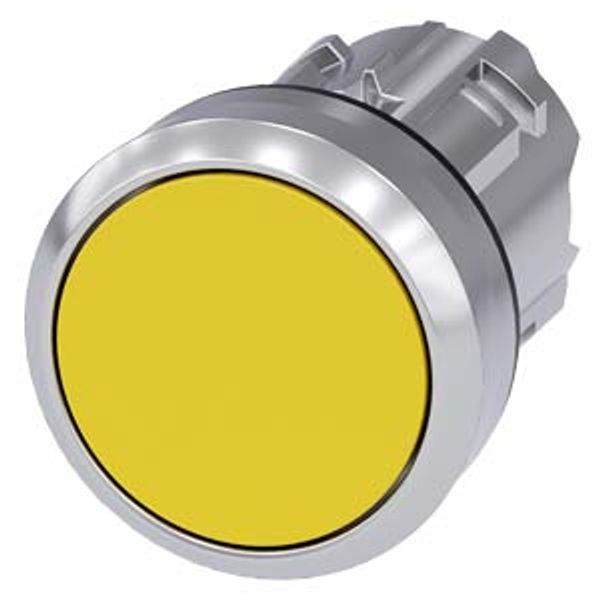 Pushbutton, 22 mm, round, metal, shiny, yellow, pushbutton, flat, latching, Push-to-release mechanism, with laser labeling, upper case image 1