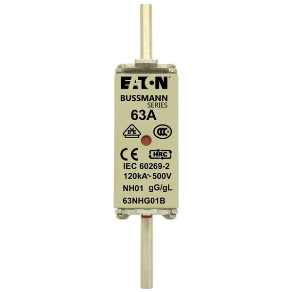 Fuse-link, LV, 63 A, AC 500 V, NH01, gL/gG, IEC, dual indicator, live gripping lugs image 2