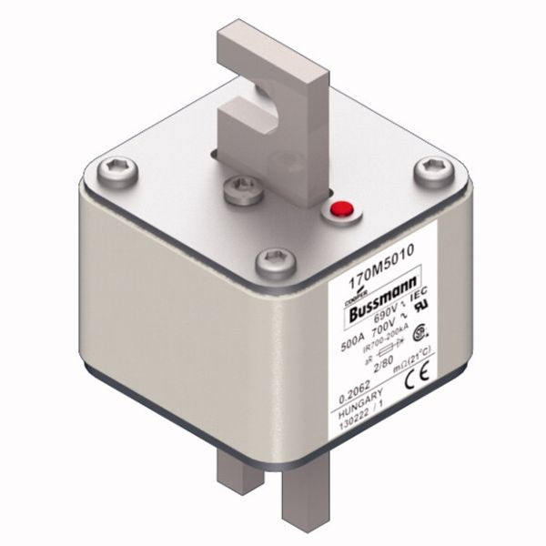 Fuse-link, high speed, 500 A, AC 690 V, DIN 2, 61 x 61 x 108 mm, aR, DIN, IEC, single indicator, 80 mm centres image 4