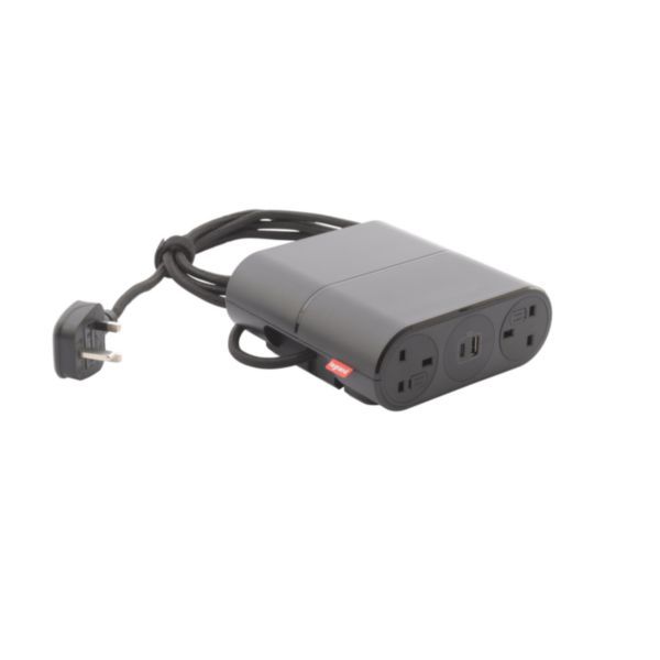 Incara Link'On Desk Module with 4 x BS Sockets, 2 x USB A+C Chargers, 2.5m Cord and BS 1363 Plug image 1