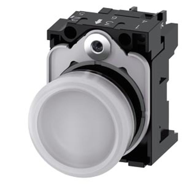 Indicator lights, 22 mm, round, plastic, white, lens, smooth, with holder, LED module,  3SU1102-6AA60-1AA0-Z Y11 image 1