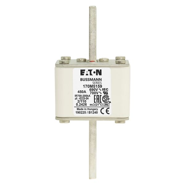 Fuse-link, high speed, 450 A, AC 690 V, DIN 2, 61 x 61 x 108 mm, aR, DIN, IEC, single indicator, 110 mm centres image 5