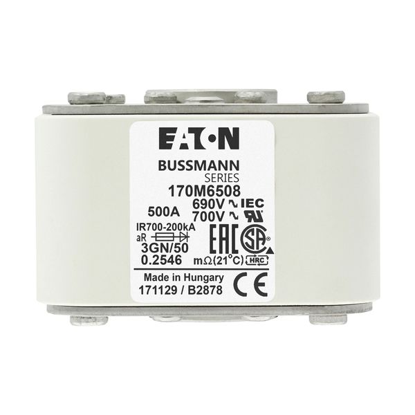 Fuse-link, high speed, 500 A, AC 690 V, size 3, 76 x 92 x 53 mm, aR, IEC, UL, single indicator image 12