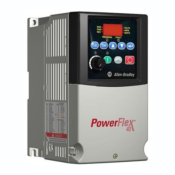 Allen-Bradley, 22B-A8P0N104, PowerFlex 40 AC Drive, 240VAC, 1PH, 8 Amps, 1.5 kW, 2 HP, Frame Size B, IP20 (Open), LED Display, Digital Keypad, No CE Compliant Filter, RS485 image 1