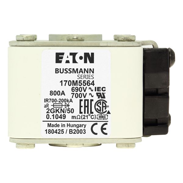 Fuse-link, high speed, 800 A, AC 690 V, size 2, 61 x 77 x 51 mm, aR, IEC, UL, type K indicator, flush end, 16 UNC image 11