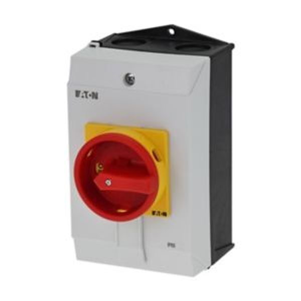 Main switch, P1, 40 A, surface mounting, 3 pole + N, Emergency switching off function, With red rotary handle and yellow locking ring, Lockable in the image 4