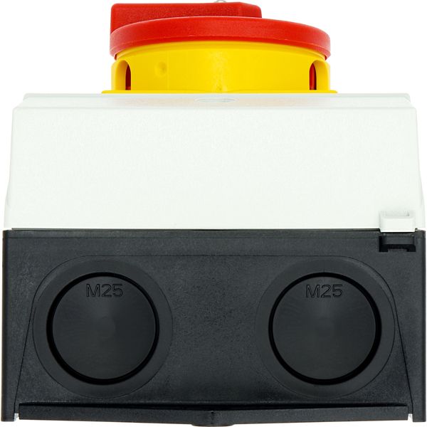 Main switch, T3, 32 A, surface mounting, 4 contact unit(s), 6 pole, 1 N/O, 1 N/C, Emergency switching off function, With red rotary handle and yellow image 57