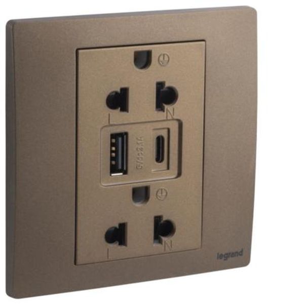 Mallia Senses - 1 gang EURO/US socket outlet - 16A - 2 x 2 Poles + Earth - with 3000mA A and C types USB chargers - Dark Bronze image 1