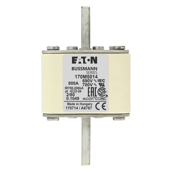 Fuse-link, high speed, 800 A, AC 690 V, DIN 2, 61 x 61 x 108 mm, aR, DIN, IEC, single indicator, 80 mm centres image 7