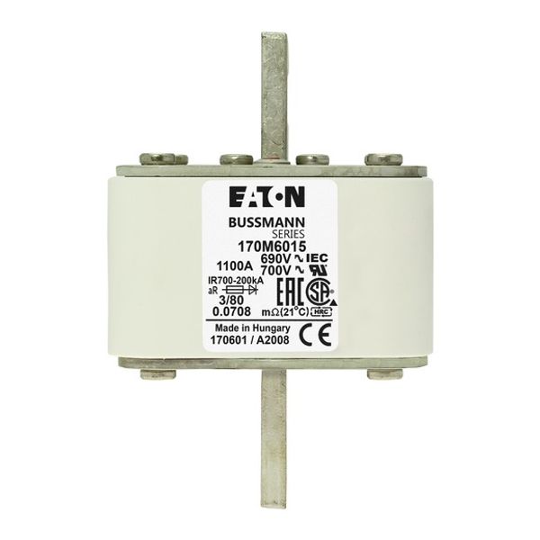 Fuse-link, high speed, 1100 A, AC 690 V, DIN 3, 76 x 76 x 109 mm, aR, DIN, IEC, single indicator image 2