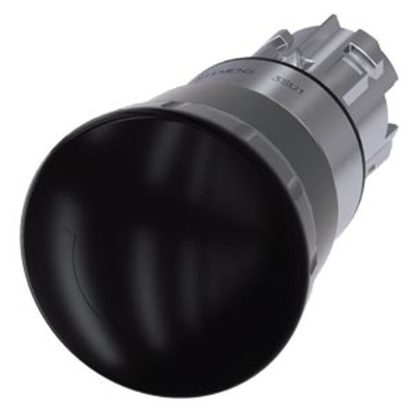 Mushroom pushbutton, 22 mm, round, metal, shiny, black, 40 mm, positive latching, acc. to EN ISO 13850, rotate-to-unlatch, with laser labeling, inscription or image 1