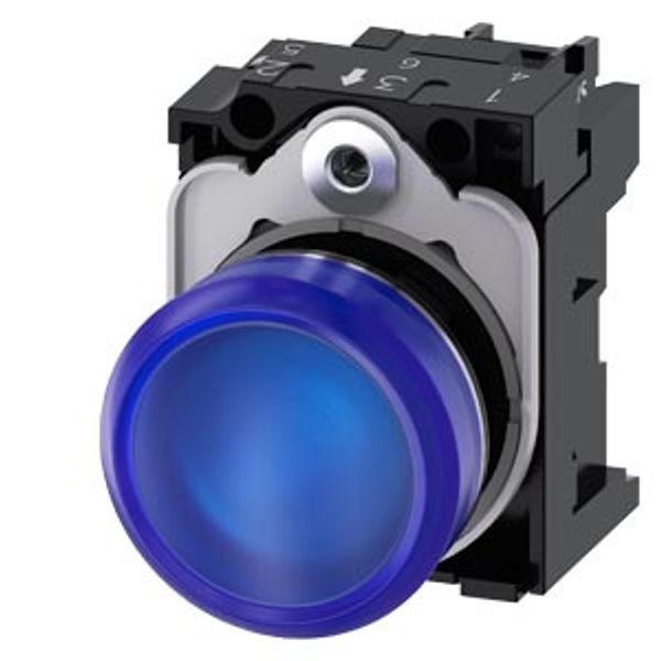 Indicator lights, 22 mm, round, metal, shiny, blue, lens, smooth, with holder, LED module with integrated  3SU1153-6AA50-1AA0-Z Y13 image 2