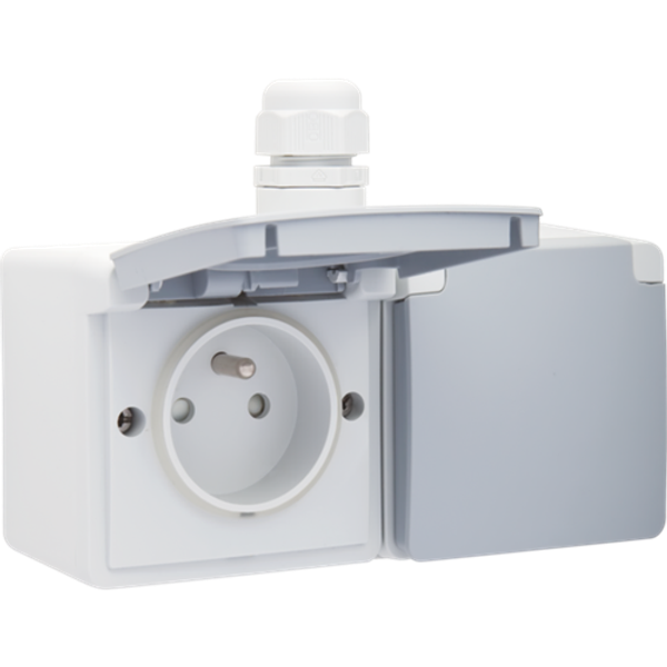 Splashproof double horizontal wall socket with pin earthing, shutters and plug-in terminals; includes surface-mounting box with one input on the upper side, grey image 1