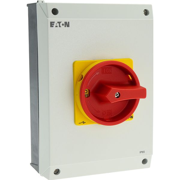 Main switch, P3, 100 A, surface mounting, 3 pole, 1 N/O, 1 N/C, Emergency switching off function, With red rotary handle and yellow locking ring, Lock image 31