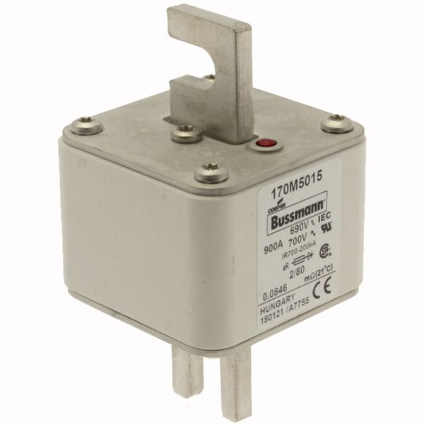 Fuse-link, high speed, 900 A, AC 690 V, DIN 2, 61 x 61 x 108 mm, aR, DIN, IEC, single indicator, 80 mm centres image 4