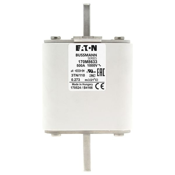 Fuse-link, high speed, 500 A, AC 1000 V, DIN 3, 74 x 90 x 139 mm, aR, DIN, IEC, single indicator image 2