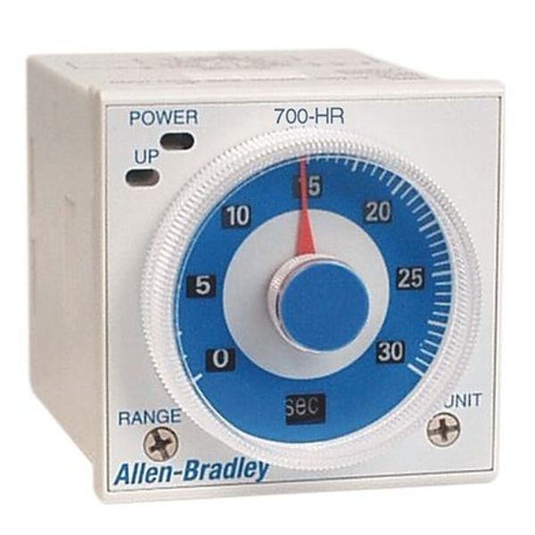 Allen-Bradley, 700-HR General Purpose Dial Timing Relay, On-delay Timing Relay, Two Timed Contacts, On-Delay, 0.05 seconds to 300 hours, DPDT Timed, 24...48V AC 50/60Hz / 12...48V DC image 1