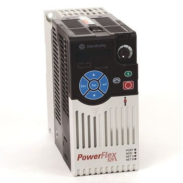 Allen-Bradley 25B-D6P0N104 PowerFlex 525 AC Drive, with Embedded EtherNet/IP and Safety, 480 VAC, 3 Phase, 3 HP, 2.2 kW Normal Duty; 3 HP, 2.2 kW Heavy Duty, Frame A, IP20 NEMA / Open Type, No Filter image 1