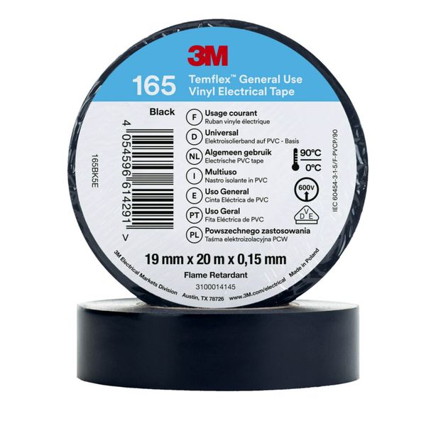 3M™ Temflex™ Vinyl Electrical Tape 165, Black, 19 mm x 20 m, 100 Rolls image 1