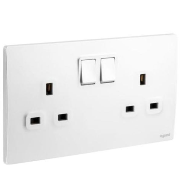 Mallia Senses - 2 gang BS switched socket outlet single pole - 13A - with 2 earth connection - Matt White image 1