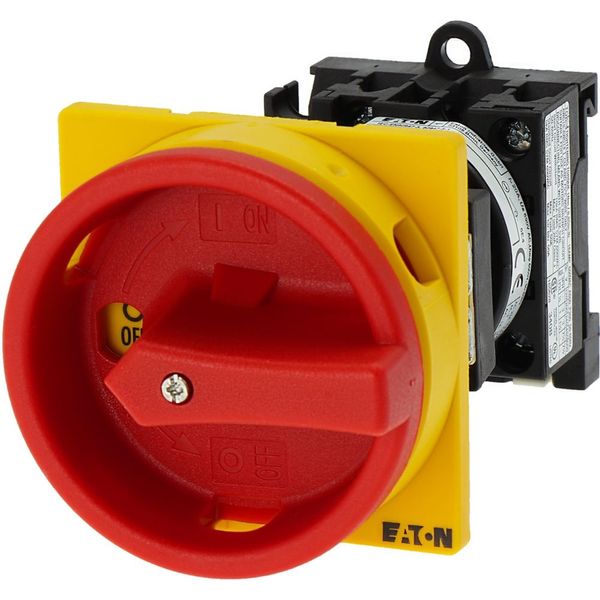 Main switch, T0, 20 A, rear mounting, 1 contact unit(s), 2 pole, Emergency switching off function, With red rotary handle and yellow locking ring, Loc image 20