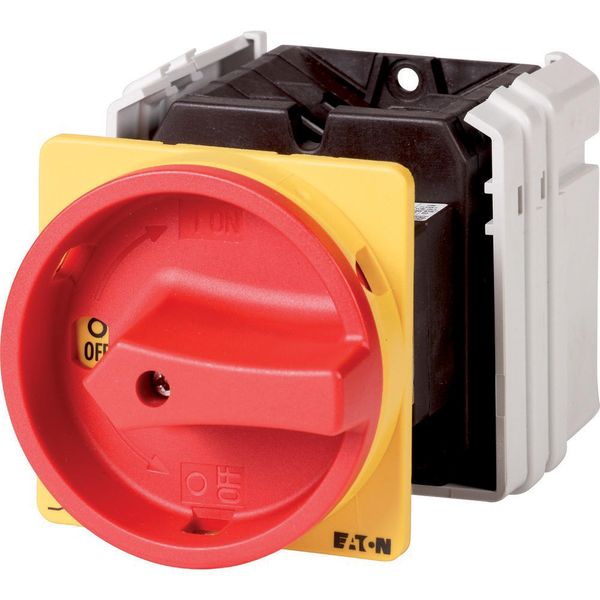 Main switch, T5, 100 A, rear mounting, 4 contact unit(s), 6 pole, 1 N/O, 1 N/C, Emergency switching off function, With red rotary handle and yellow lo image 2