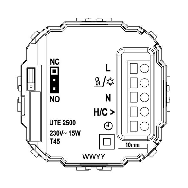 UP room controller, RAL9016 glossy 50x50, 5-30C, AC 230V, triac output, switchable 5 actuators each 3W, change-over input, TA 3.5K, LED displays image 3