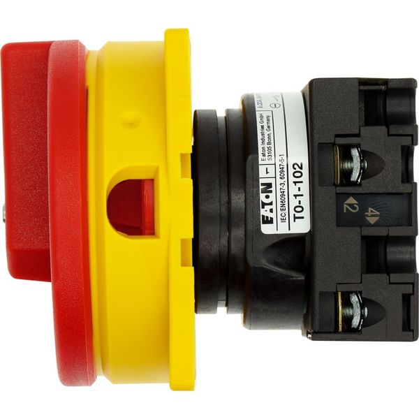 Main switch, T0, 20 A, flush mounting, 1 contact unit(s), 2 pole, Emergency switching off function, With red rotary handle and yellow locking ring image 17