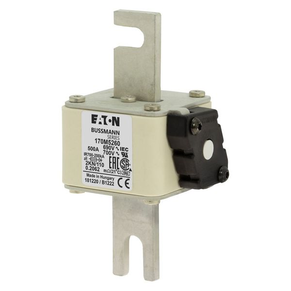 Fuse-link, high speed, 500 A, AC 690 V, DIN 2, 61 x 77 x 138 mm, aR, DIN, IEC, single indicator image 3