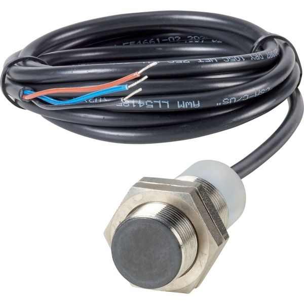 Proximity switch, E57P Performance Short Body Serie, 1 N/O, 3-wire, 10 – 48 V DC, M18 x 1 mm, Sn= 5 mm, Flush, NPN, Stainless steel, 2 m connection ca image 1