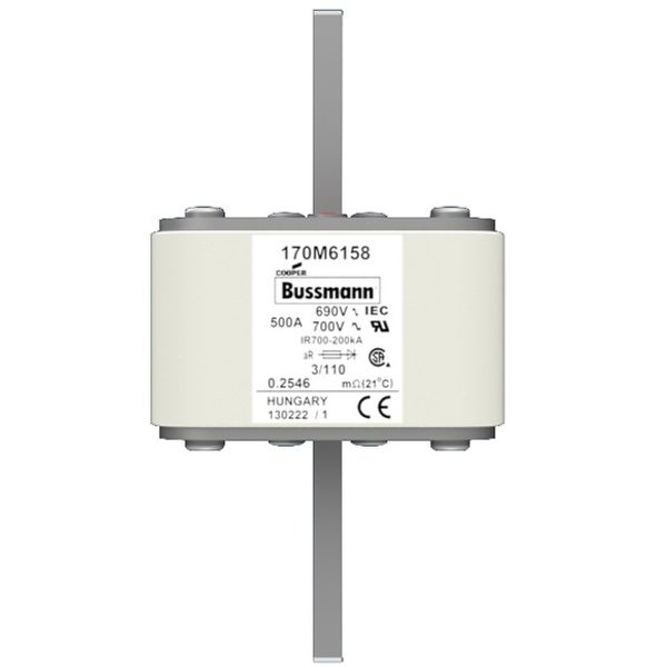 Fuse-link, high speed, 500 A, AC 690 V, DIN 3, 76 x 90 x 139 mm, aR, DIN, IEC, single indicator image 1