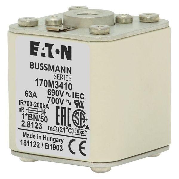 Fuse-link, high speed, 63 A, AC 690 V, compact size 1, 45 x 59 x 51 mm, aR, IEC, UL, single indicator, flush end, M8 image 16