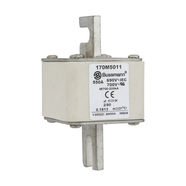 Fuse-link, high speed, 550 A, AC 690 V, DIN 2, 61 x 61 x 108 mm, aR, DIN, IEC, single indicator, 80 mm centres image 13