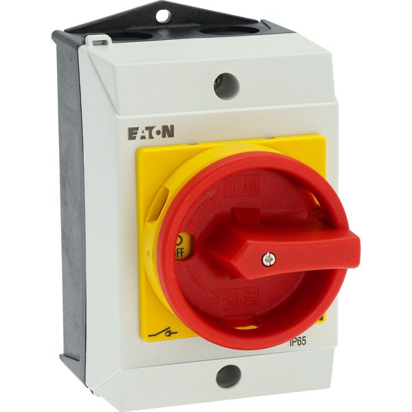 Main switch, T0, 20 A, surface mounting, 3 contact unit(s), 3 pole, 2 N/O, 1 N/C, Emergency switching off function, With red rotary handle and yellow image 53