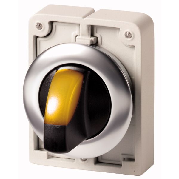 Illuminated selector switch actuator, RMQ-Titan, with thumb-grip, maintained, 2 positions (V position), yellow, Front ring stainless steel image 1